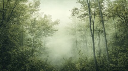 Obraz premium A tranquil mist-covered forest landscape, with subtle, muted greens and grays blending into the foggy background, creating a peaceful atmosphere