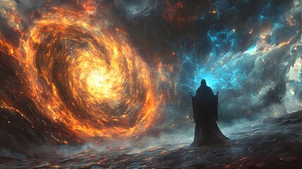 Dramatic Ritual Summoning of Mythical Beast Amidst Swirling Vortex of Elemental Energies