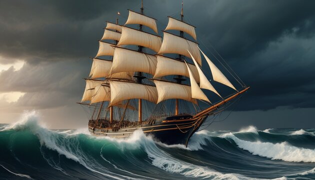 A majestic sailing ship navigating through tumultuous waves during a fierce storm, showcasing the power of nature and the resilience of seafaring vessels, Generative AI