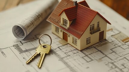 Real Estate Blueprint with Keys and House Model.Concept of real estate development, homeownership, architecture, construction, interior design, Real estate agencies, construction companies.