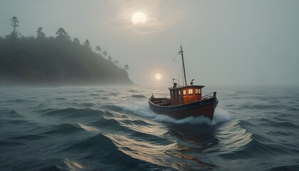 Naklejka premium A small boat bravely navigating through a dense fog, capturing the essence of mystery and adventure that the open sea holds, Generative AI