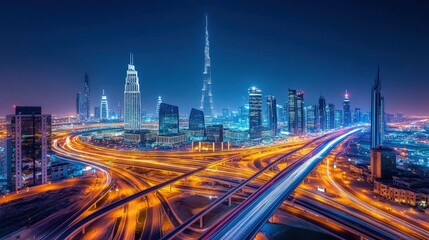 Fototapeta premium A panoramic night view of Dubai skyline with illuminated skyscrapers and busy highways.