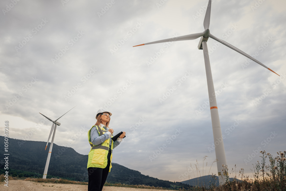 Poster a wind energy technician is inspecting a wind farm, ensuring system functionality and promoting sust