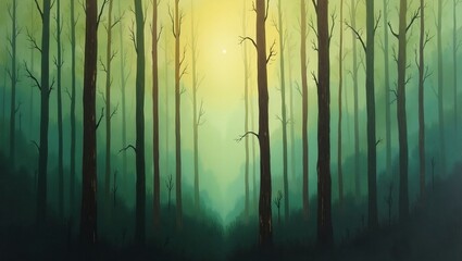 Obraz premium Abstract forest painting with misty tall green and brown tree trunks