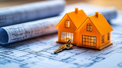 Real Estate Blueprint with Keys and House Model.Concept of real estate development, homeownership, architecture, construction, interior design, Real estate agencies, construction companies.