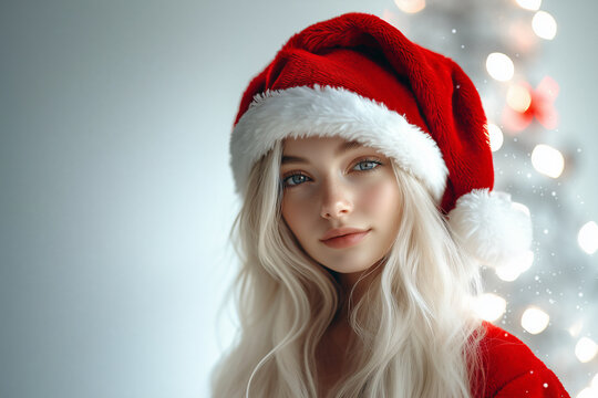 Young pretty woman with red Christmas hat