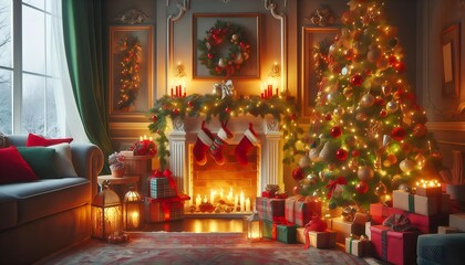 Cozy Christmas living room with a decorated tree, glowing fireplace, wrapped presents, and festive decorations in red, green, and gold.