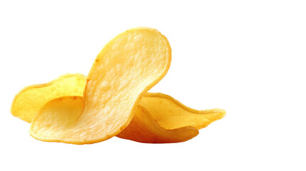 Crispy yellow potato chips stacked on a white background