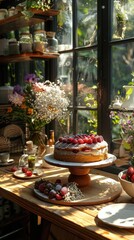 Fototapeta premium Beautiful naked cake topped with fresh blueberries, and berries, displayed on a wooden cake stand by a sunlit window in a cozy kitchen.