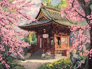 Fototapeta premium Serene Shinto Shrine in Springtime Cherry Blossom Landscape