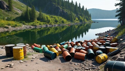 A stark visual of hazardous barrels discarded near a serene lake, contrasting the tranquility of nature with the threat of pollution, Generative AI
