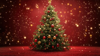 A beautifully decorated Christmas tree in rich red and gold, set against a warm and inviting holiday scene.