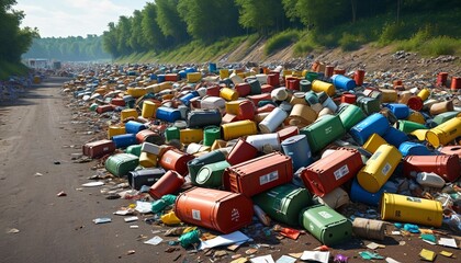 Fototapeta premium A stark visual of hazardous waste containers strewn across an illegal dump, emphasizing the need for community awareness and action against environmental crimes, Generative AI
