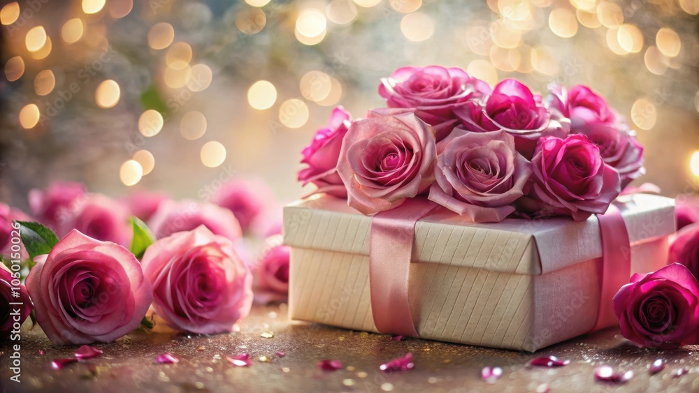 Poster A delicate pink gift box adorned with a satin ribbon and a bouquet of pink roses, resting on a shimmering surface with scattered petals, illuminated by soft warm lights.