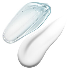 Composition of a white cream smear and a transparent blue gel smear on an empty background....