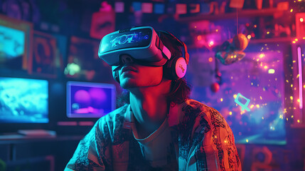 A gamer fully immersed in a virtual world, wearing high-tech VR glasses, with colorful virtual objects and landscapes surrounding them, capturing the excitement and realism of next-gen VR gaming 