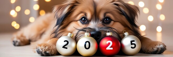 Cute dog and Christmas ornaments 2025. Merry Christmas and Happy New Year