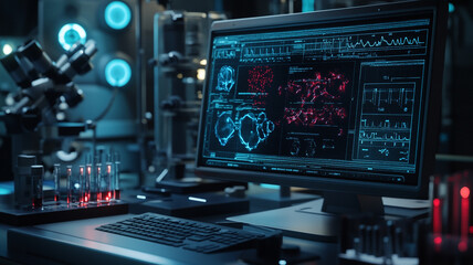 High-tech laboratory workstation with data analysis screens and equipment in a dimly lit room