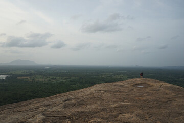 A lone traveler stands on a vast rocky cliff, overlooking a sprawling, serene landscape.