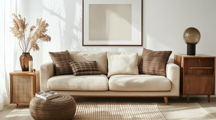 Fototapeta premium Cozy Living Room with Comfortable Sofa and Natural Accents