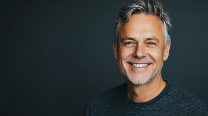 Fototapeta premium A man with graying hair and a beard smiles broadly at the camera.