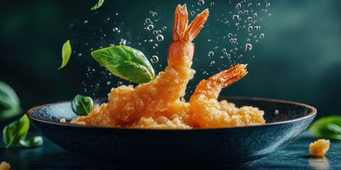 Crispy fried shrimp with herbs, vibrant plating, water droplets in motion.