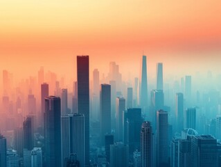 Bustling Cityscape with Misty Air and Sunset Glow