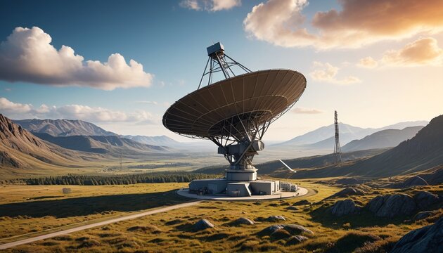 A captivating image of a satellite ground station facility in a serene natural setting, featuring parabolic antennas that blend harmoniously with the rugged surroundings, Generative AI