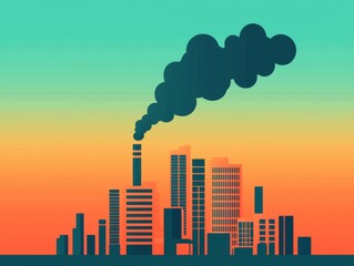 Obraz premium City Skyline with Smokestacks at Sunset