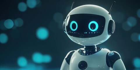 Cute robot character with glowing eyes on a blurred bokeh background