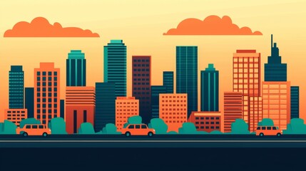 Obraz premium Urban Skyline with Cars at Sunset in Flat Design