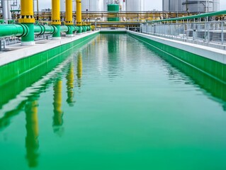 Obraz premium Green River Flowing Beside Industrial Factory