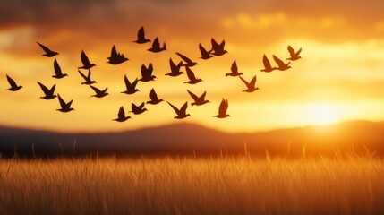Sunrise Migration of Birds Over Golden Fields