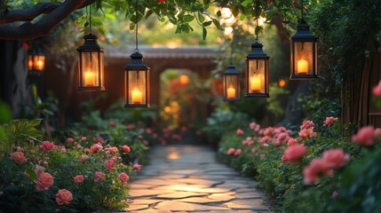 Obraz premium Enchanting garden lanterns suspended from branches, illuminating vibrant flower beds below, creating a magical outdoor ambiance