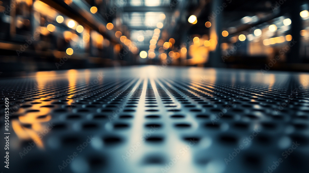 Poster close-up view of a textured metallic surface in an industrial setting with blurred lights
