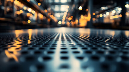 Obraz premium Close-up view of a textured metallic surface in an industrial setting with blurred lights
