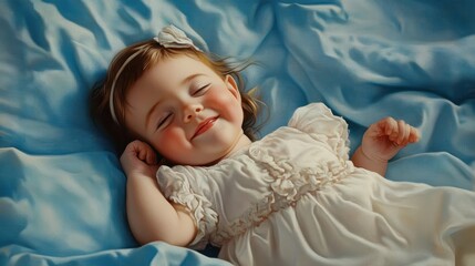 Obraz premium Smiling baby girl lying on a bed sleeping on blue sheets