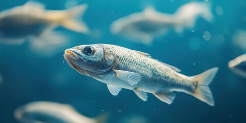 Fototapeta premium Fish swimming gracefully in clear blue waters, capturing the beauty of aquatic life.