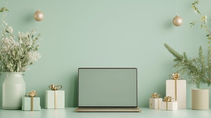 Modern Christmas Mockup   Laptop  Gifts  and Green Decor
