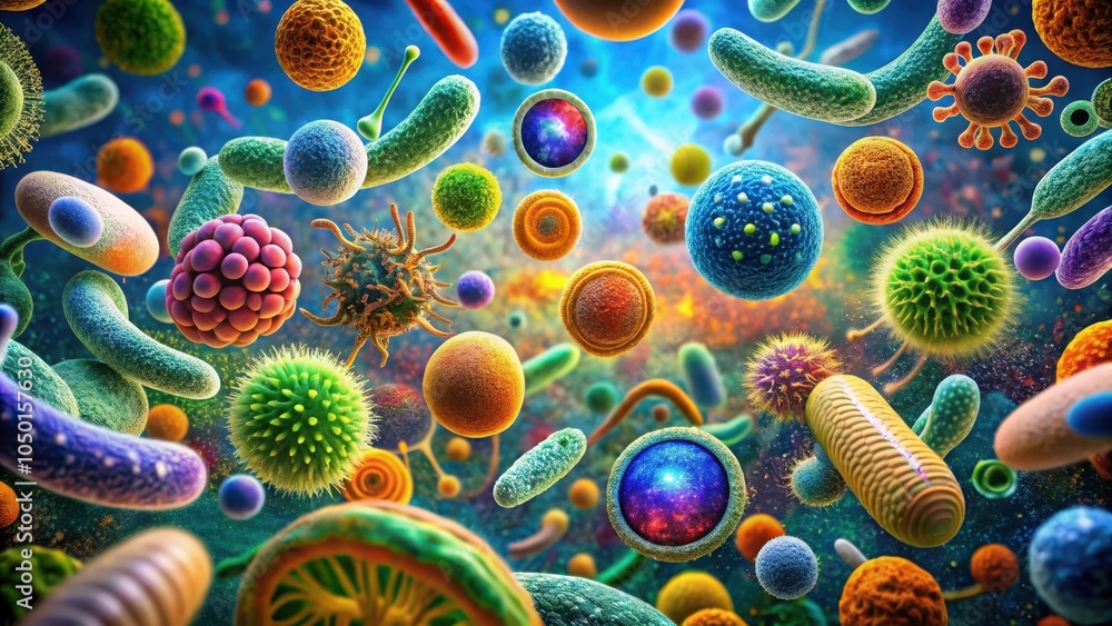 Aufkleber A vibrant and colorful illustration depicting a diverse array of microscopic organisms, showcasing their intricate structures and vibrant hues.