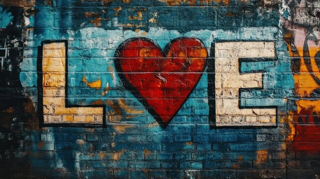 Spray painted graffiti wall font words LOVE graf paint tag suburb city street art mural empowerment inspiration harmony emotion artistic cool vibrant background campaign banner