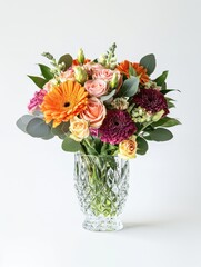 Fototapeta premium Vibrant bouquet of mixed fresh flowers in a crystal vase with natural light and shadows, Ai Generation