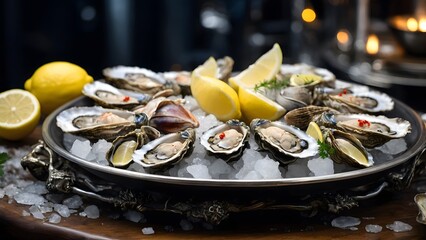 Fresh Oysters Served on Ice With Lemon Wedges in a Cozy Seafood Restaurant Setting