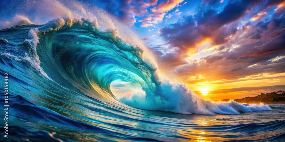 Poster a majestic ocean wave crests and breaks, creating a breathtaking spectacle against a backdrop of vib