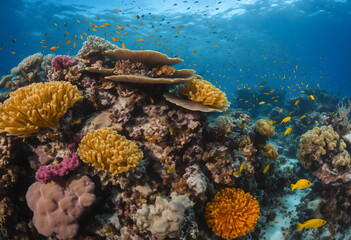 Fototapeta premium A vibrant coral reef underwater, teeming with colorful fish and delicate sea anemones.