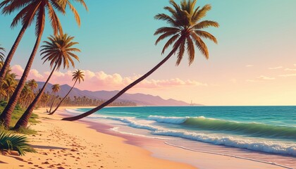 A dreamy pixelated beach scene featuring palm trees and gentle waves, illustrating a relaxing getaway in a nostalgic art style that evokes summer memories, Generative AI