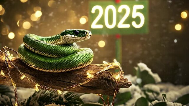 Sleek green snake coiled around a wooden branch decorated with festive New Year lights, with a '2025' sign hanging in the background, snowflakes gently falling.