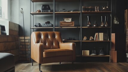Stylish Vintage Home Office with Leather Armchair and Bookshelf