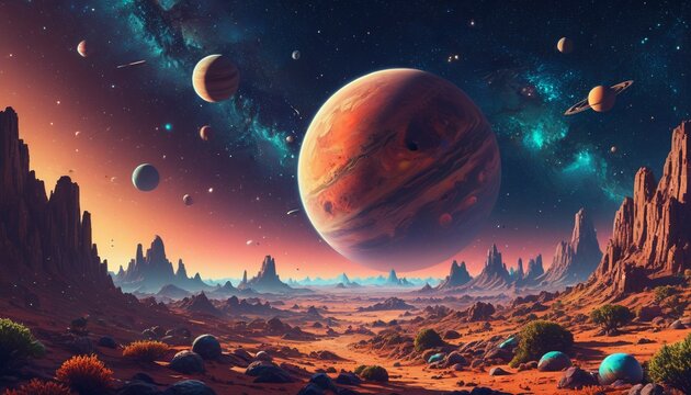 An imaginative pixelated space landscape with planets and stars, creating a sense of wonder and exploration in a charming retro aesthetic, Generative AI