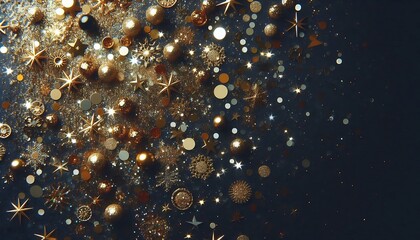 Shimmering golden glitter scattered over dark navy background, creating magical and festive design,generative ai